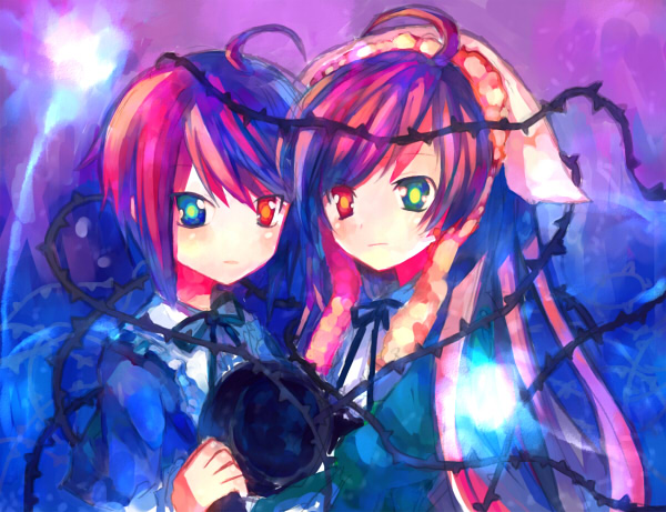tsuchiya akira, souseiseki, suiseiseki, rozen maiden, 00s, 2girls, dress, hat, headscarf, heterochromia, multiple girls, siblings, sisters, thorns, twins, white headscarf