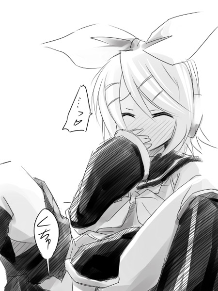 hermmy, kagamine rin, vocaloid, 1girl, blush, closed eyes, female focus, female masturbation, greyscale, hair ribbon, masturbation, monochrome, ribbon, short hair, simple background, sitting, solo, spread legs
