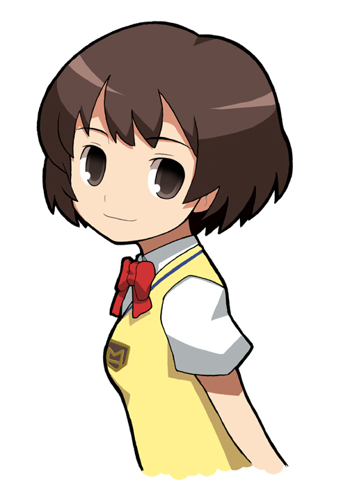 imaizumi teruhiko, kaminagi ryouko, zegapain, 00s, 1girl, bow, bowtie, brown eyes, brown hair, emblem, female focus, looking at viewer, puffy short sleeves, puffy sleeves, red bow, red bowtie, shirt, short sleeves, simple background, smile, solo, sweater vest, upper body, white background, white shirt