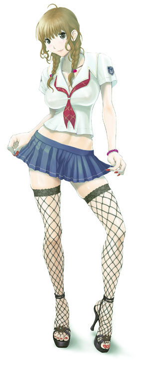 rocket okaboshi, mizusawa mao, kimi kiss, 1girl, black shoes, blonde hair, braid, breasts, female focus, fingernails, fishnet thighhighs, fishnets, hair over shoulder, high heel sandals, high heels, large breasts, long fingernails, midriff, miniskirt, nail (hardware), nail polish, open shoes, red nails, sandals, school uniform, serafuku, shoes, skirt, solo, thighhighs, toenail polish, toenails, toes, twin braids, twintails, zettai ryouiki