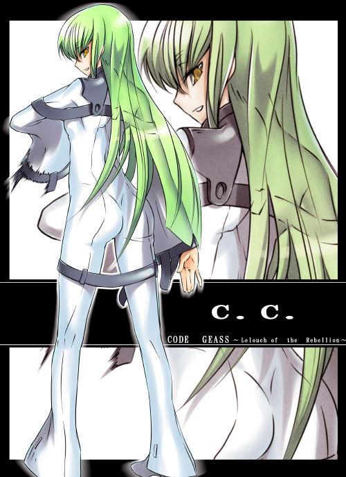 yukari (konekonekozou), c.c., code geass, 00s, 1girl, character name, closed mouth, copyright name, expressionless, female focus, full body, green eyes, long hair, long sleeves, looking at viewer, looking back, robe, solo, standing, straitjacket, very long hair, yellow eyes, zoom layer
