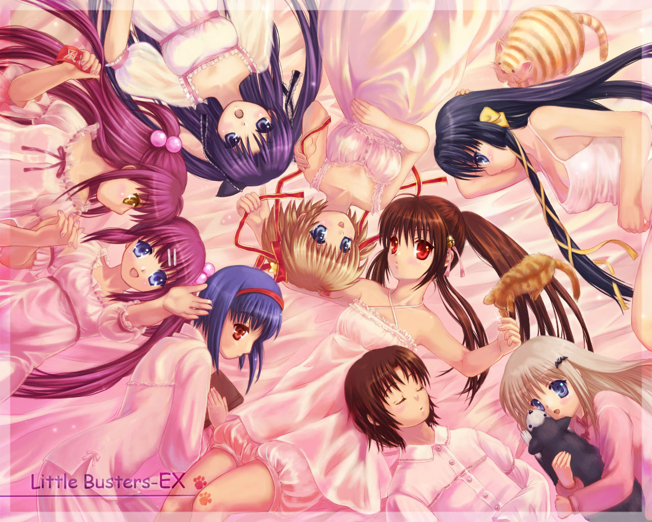 dome (artist), doruji, futaki kanata, kamikita komari, kurugaya yuiko, naoe riki, natsume rin, nishizono mio, noumi kudryavka, saigusa haruka, sasasegawa sasami, strelka, little busters!, silver hair, 1boy, 6+girls, black hair, blue eyes, blue hair, brown eyes, brown hair, cat, closed eyes, dog, hair ribbon, hairband, holding hands, lingerie, long hair, multiple girls, nightgown, pajamas, pink hair, ponytail, purple hair, red eyes, ribbon, short hair, side ponytail, underwear, yellow eyes