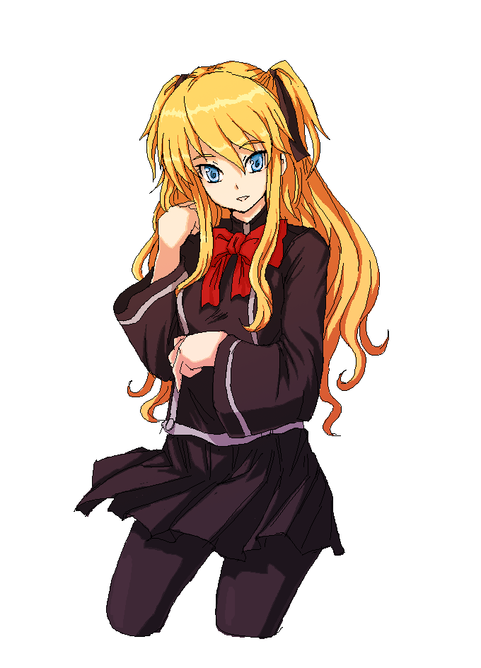 kara (color), shalon, quiz magic academy, 1girl, black pantyhose, blonde hair, blue eyes, cowboy shot, cropped legs, female focus, long hair, oekaki, pantyhose, school uniform, serafuku, solo