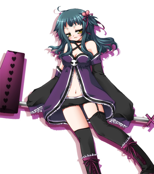 original, 1girl, black thighhighs, boots, female focus, garter straps, green hair, hammer, holding, holding weapon, knee boots, looking at viewer, midriff, navel, revealing clothes, shoelaces, short hair, short shorts, shorts, simple background, solo, stomach, thighhighs, wavy hair, weapon, white background, yellow eyes, zettai ryouiki