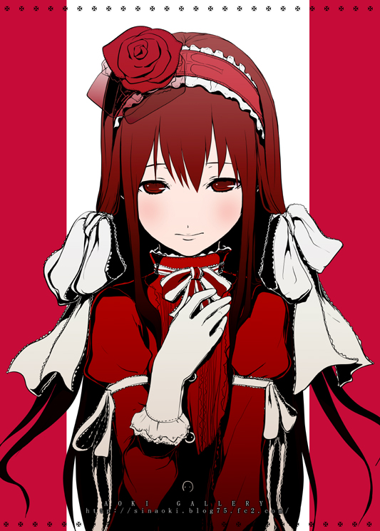 aoki shin, original, blush, bow, dress, flower, gloves, headband, lace, long hair, red eyes, red hair, ribbon, rose, solo