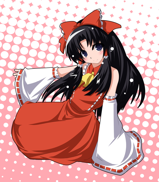 chu (chu inthis), hakurei reimu, touhou, 1girl, ascot, black hair, blush, bow, detached sleeves, dress, female focus, full body, hair tubes, halftone, head tilt, long sleeves, polka dot, polka dot background, red bow, red dress, red eyes, ribbon-trimmed sleeves, ribbon trim, short hair, sidelocks, simple background, sitting, solo, yokozuwari