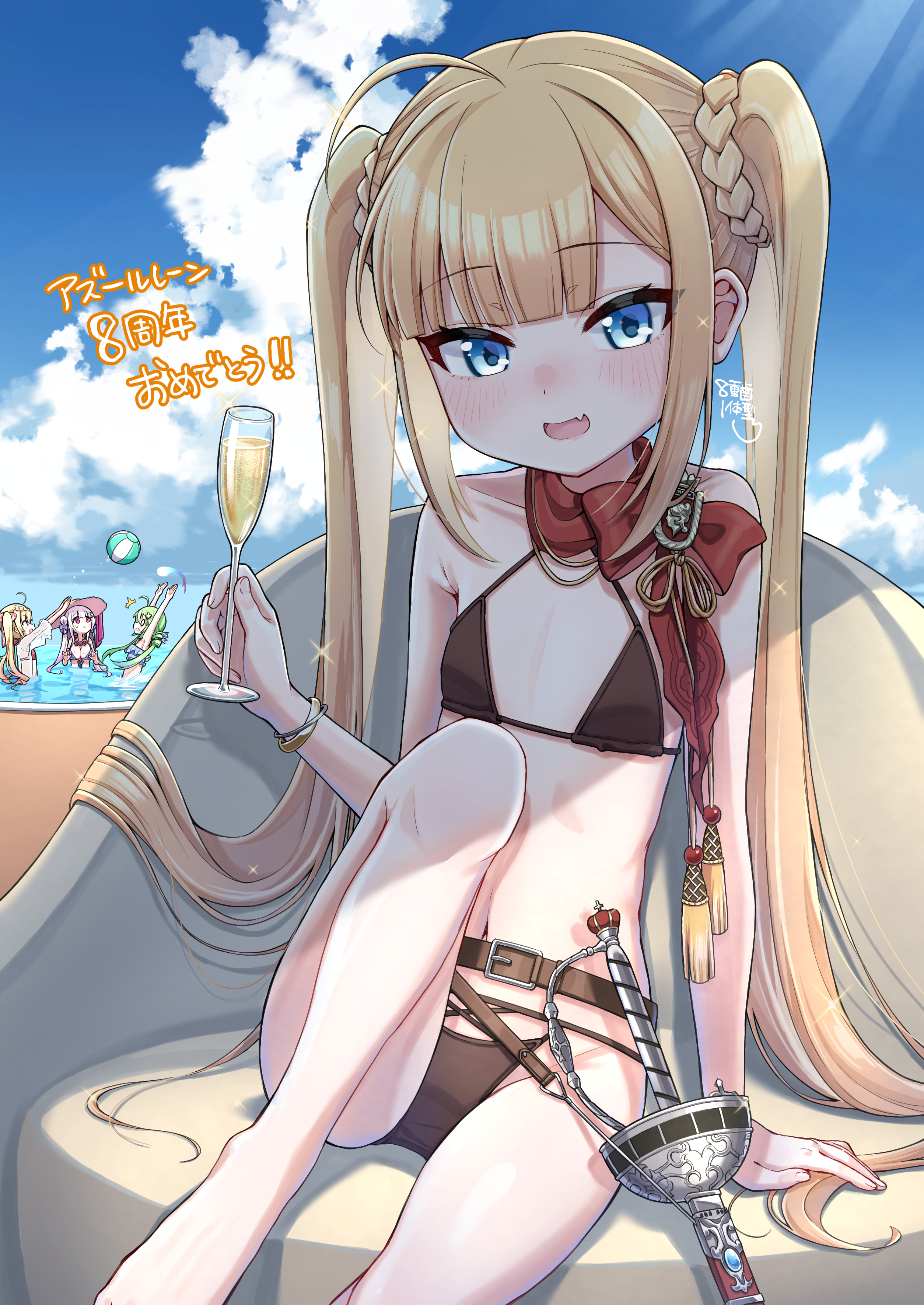 marui kado, amazon (azur lane), comet (azur lane), crescent (azur lane), cygnet (azur lane), azur lane, absurdres, highres, 4girls, ball, beachball, belt, bikini, black belt, black bikini, blonde hair, blue eyes, blue sky, blush, bracelet, breasts, champagne flute, cup, drinking glass, fang, happy anniversary, jewelry, long hair, looking at viewer, multiple girls, open mouth, outdoors, sitting, skin fang, sky, small breasts, swimsuit, sword, twintails, very long hair, water, weapon