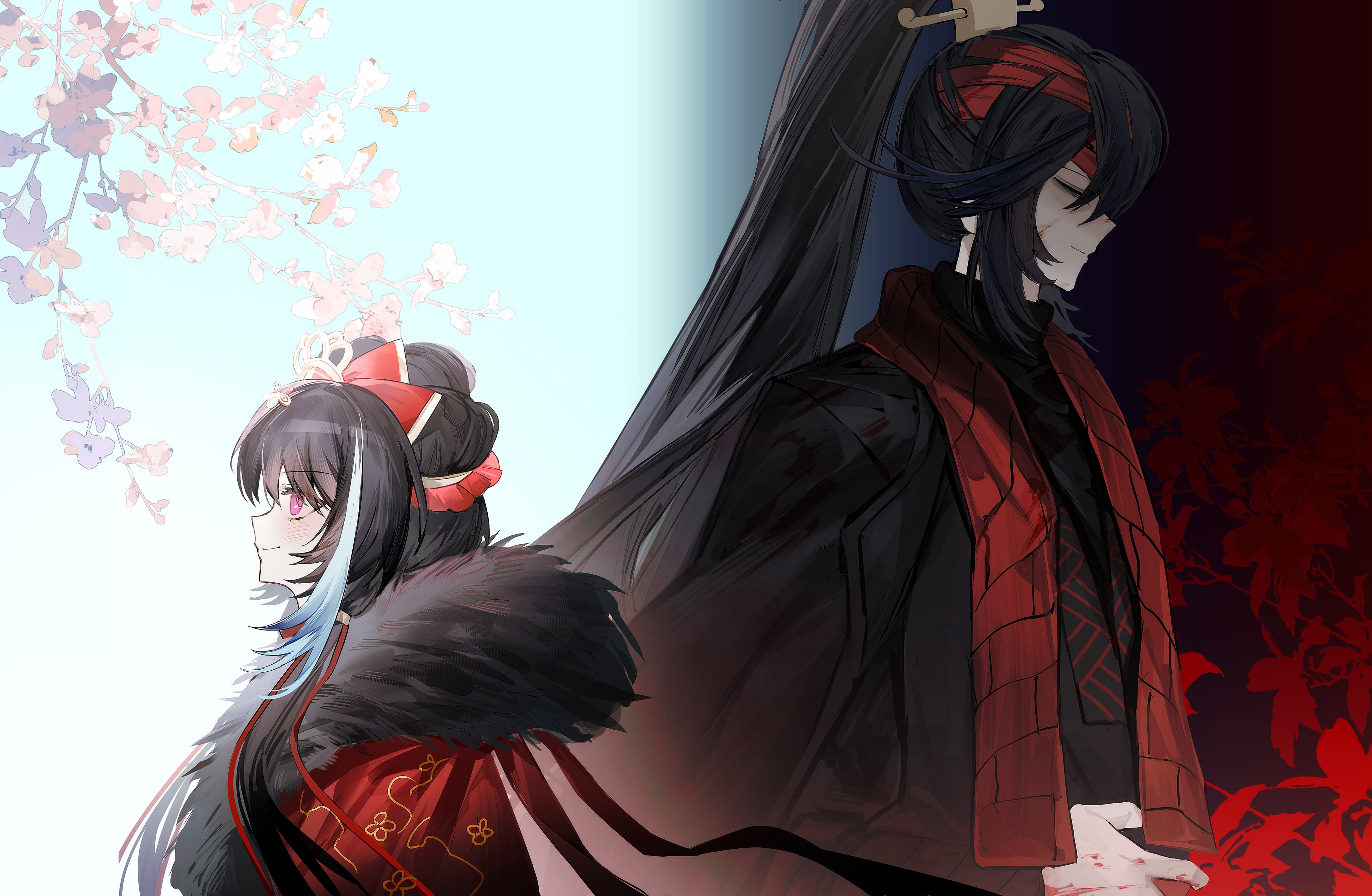 bochishiraita, hong lu (project moon), jia xichun (project moon), limbus company, project moon, absurdres, highres, 1boy, 1girl, back-to-back, black hair, black hanfu, blood, blood on hands, blue sky, brother and sister, chinese clothes, closed eyes, family hierarch candidate (identity) (project moon), feather boa, hanfu, headdress, long hair, looking ahead, official alternate hairstyle, pink eyes, ponytail, siblings, sky, smile, stole, upper body