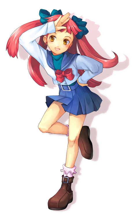 kuzui, munakata shiho, my-hime, 00s, bow, hair bow, long hair, multiple hair bows, pink hair, quad tails, school uniform, serafuku, simple background, socks, solo, standing, twintails, yellow eyes