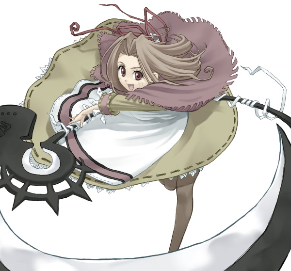 you2, mistel (yggdra union), yggdra union, 1girl, apron, brown eyes, brown hair, brown pantyhose, dress, female focus, pantyhose, scythe, shawl, solo
