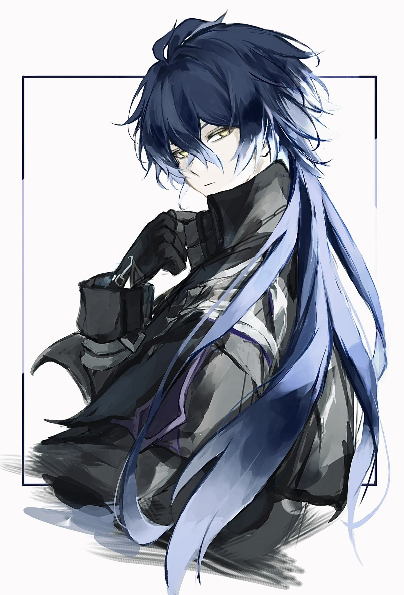 flins (genshin impact), genshin impact, highres, 1boy, black gloves, black jacket, blue hair, border, closed mouth, gloves, hair between eyes, jacket, long hair, long sleeves, looking at viewer, male focus, ncb6s ujz, simple background, solo, upper body, white background, yellow eyes