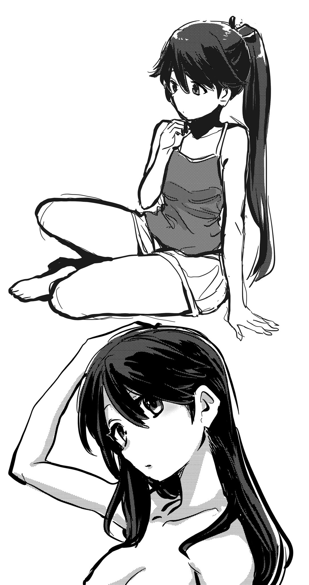 gouta (nagishiro6624), houshou (kancolle), kantai collection, highres, 1girl, alternate costume, alternate hairstyle, camisole, grey hair, hair down, hair ribbon, multiple views, ponytail, ribbon, shorts, simple background, sitting