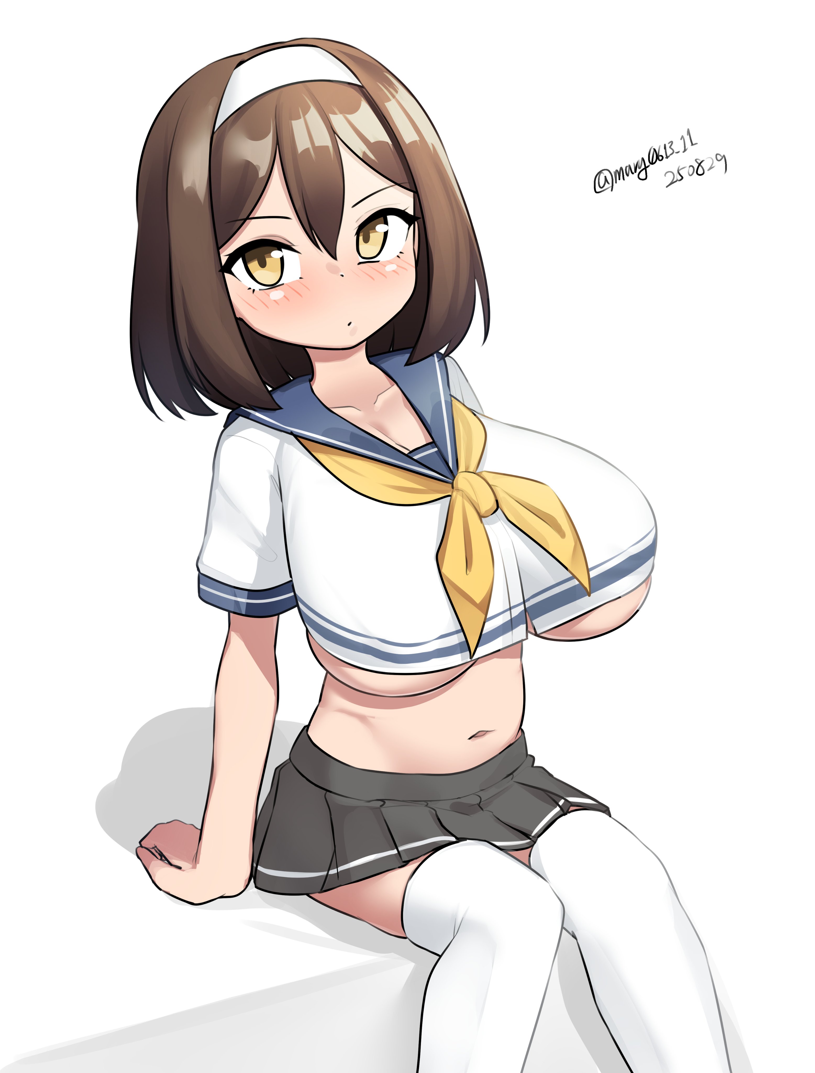 maru (marg0613), tanikaze (kancolle), kantai collection, absurdres, highres, 1girl, alternate breast size (larger), blue sailor collar, breasts, brown hair, dated, grey skirt, hair between eyes, hairband, large breasts, navel, neckerchief, one-hour drawing challenge, pleated skirt, sailor collar, sailor shirt, school uniform, serafuku, shirt, short hair, simple background, skirt, solo, thighhighs, twitter username, white background, white hairband, white shirt, white thighhighs, yellow eyes, yellow neckerchief