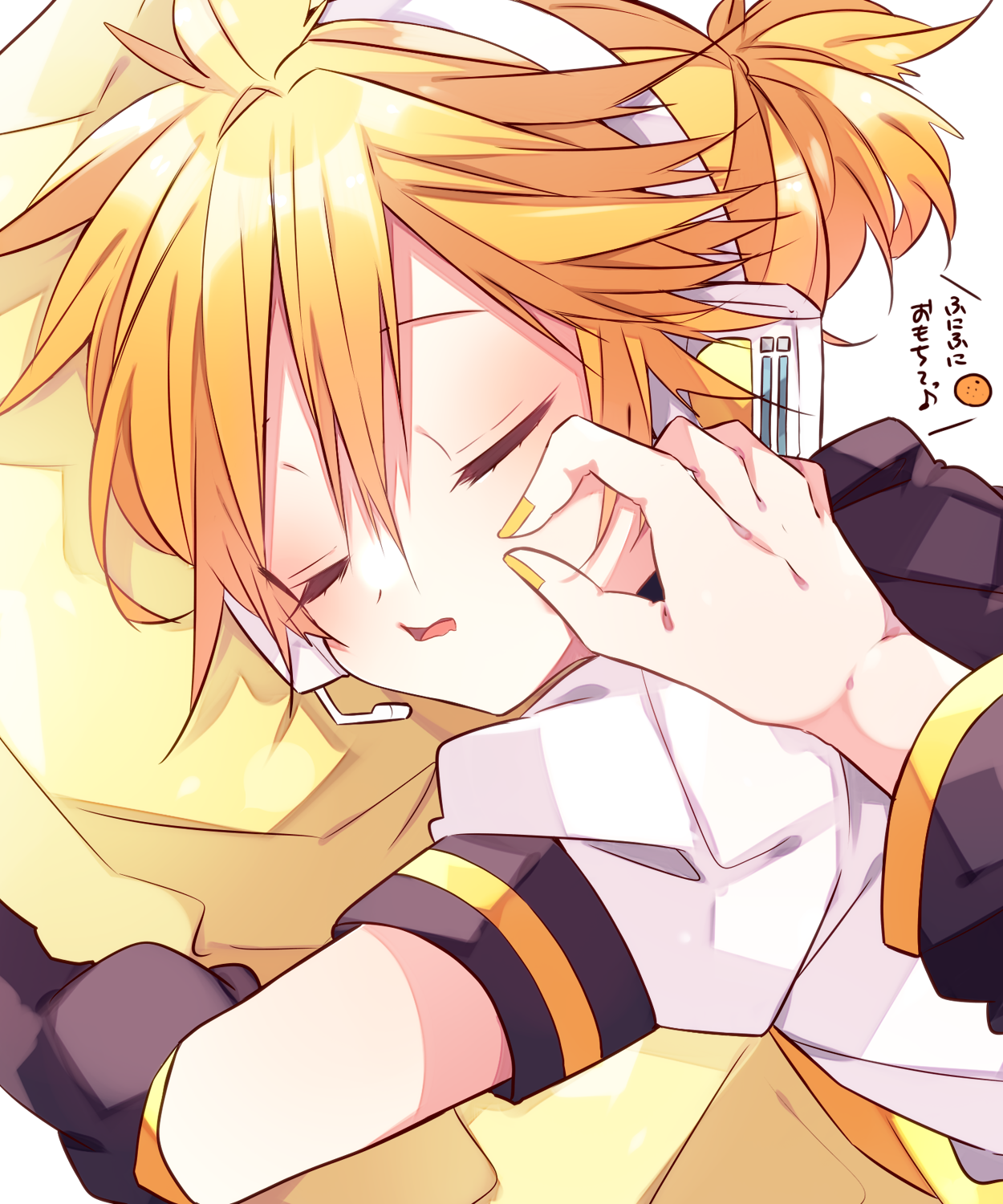kaho 0102, kagamine len, vocaloid, commentary request, highres, translation request, 2boys, arm warmers, black sailor collar, blonde hair, blush, cheek pinching, closed eyes, double-parted bangs, hair between eyes, headset, lying, male focus, multiple boys, nail polish, on stomach, open mouth, pillow, pinching, sailor collar, shirt, short hair, short sleeves, sleeping, upper body, white shirt, yellow nails