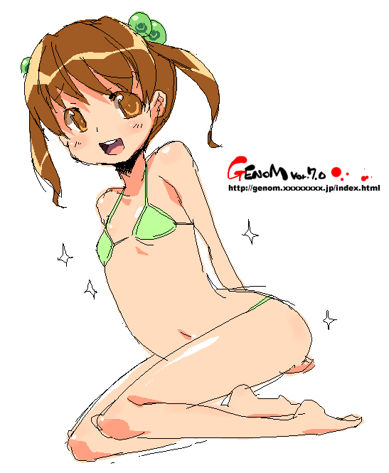 onija tarou, original, bikini, brown hair, flat chest, green bikini, hair bobbles, hair ornament, loli, oekaki, swimsuit, twintails, yellow eyes