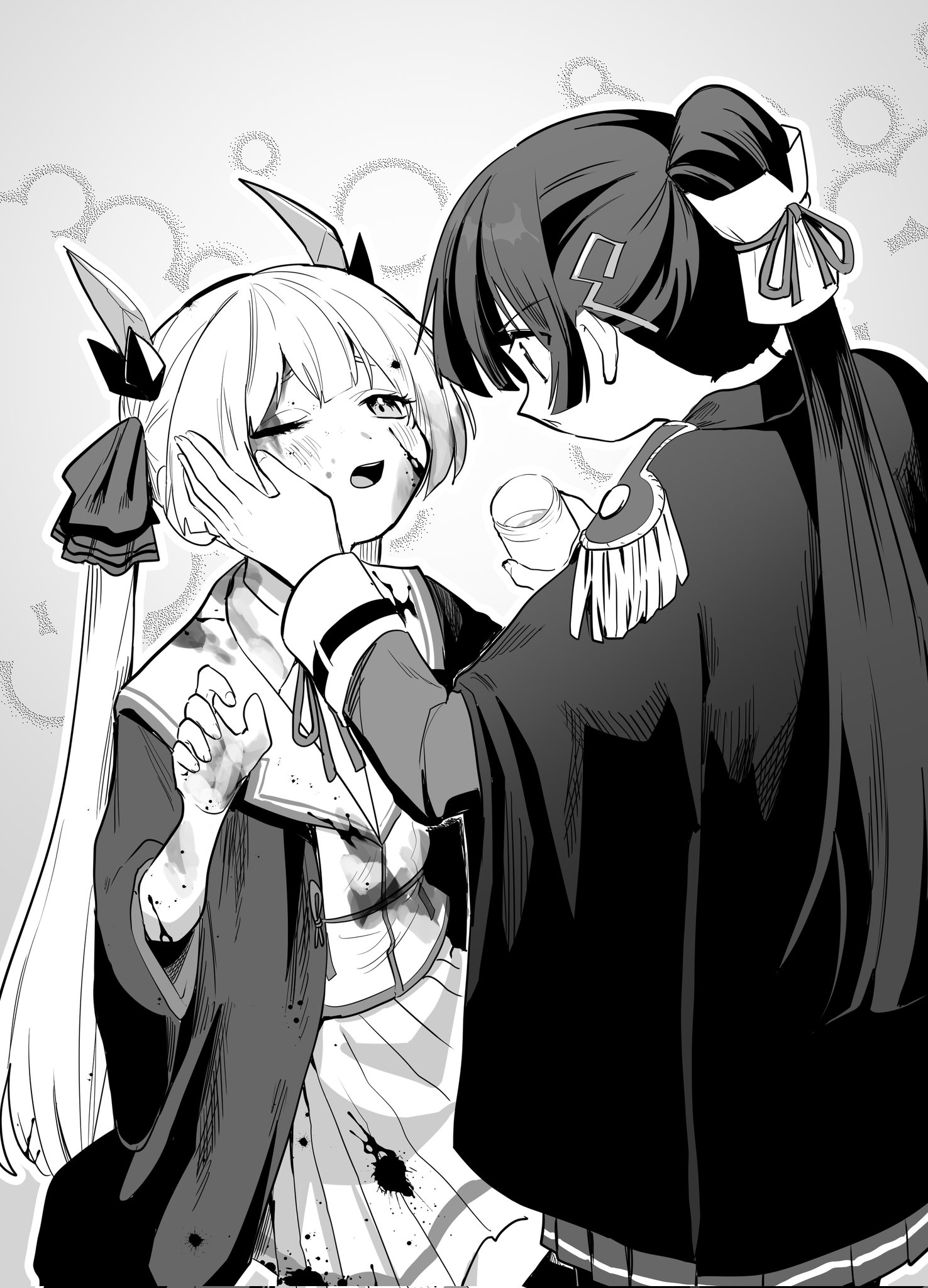 natsume inori, ogasawara hisame, heaven burns red, artist request, highres, 2girls, black hair, black robe, blood, blood on clothes, blood on face, blunt bangs, epaulettes, green eyes, horns, injury, long hair, monochrome, multiple girls, neck ribbon, ponytail, ribbon, robe, shirt, skirt, twintails, very long hair, white hair, white shirt, yuri