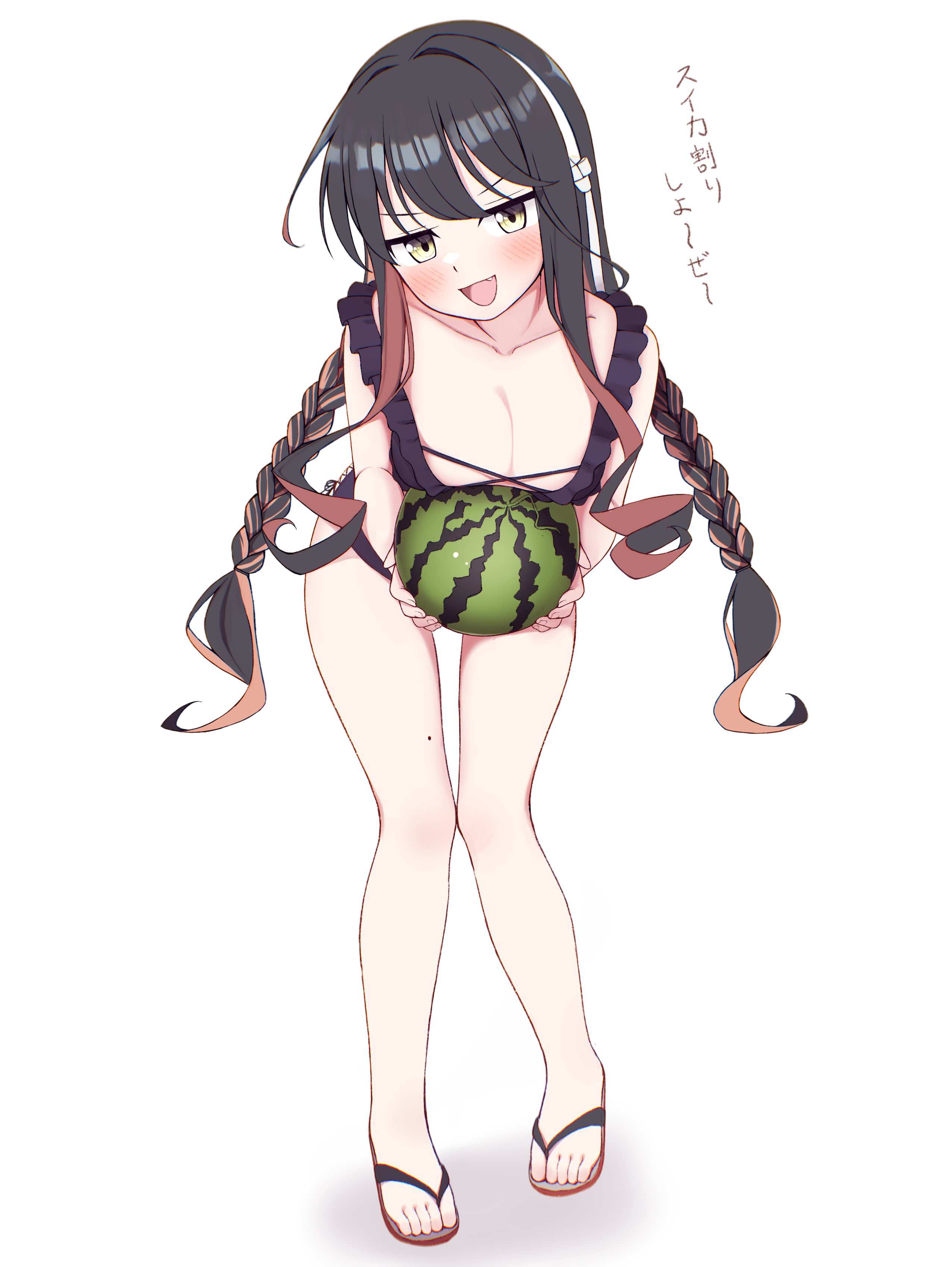 tiemu (man190), naganami (kancolle), naganami kai ni (kancolle), kantai collection, absurdres, commentary, highres, symbol-only commentary, translation request, 1girl, bikini, black bikini, black hair, braid, breasts, cleavage, criss-cross straps, food, frilled bikini, frills, fruit, full body, hairband, large breasts, long hair, looking at viewer, low twin braids, multicolored hair, naganami kai ni (swimsuit) (kancolle), pink hair, sandals, side-tie bikini bottom, simple background, smile, solo, swimsuit, twin braids, two-tone hair, watermelon, wavy hair, white background, white hairband