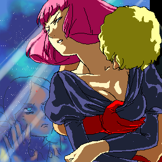 nanboku, char aznable, haman karn, lalah sune, quattro bajeena, gundam, zeta gundam, lowres, spoilers, 1boy, 2girls, bindi, breasts, dark skin, grabbing another's breast, groping, kiss, kissing neck, medium breasts, multiple girls, oekaki, pink hair, when you see it