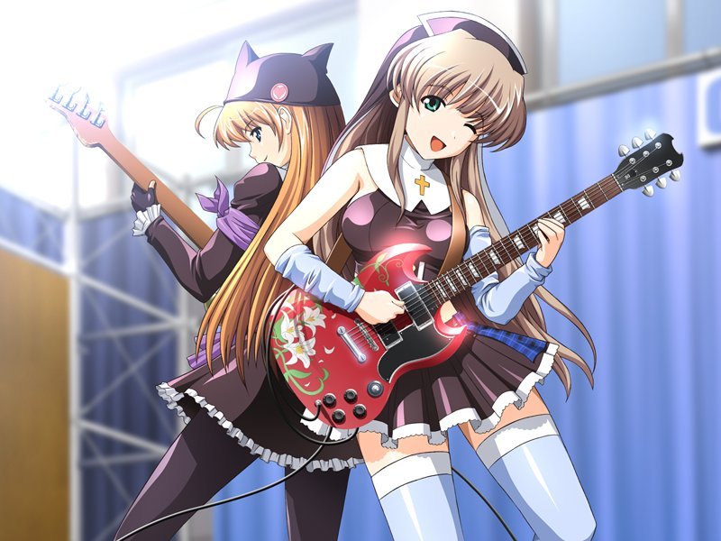katakura shinji, kashiwara sarina, maejima shikako, maejima shikanosuke, gibson sg, kira kira, game cg, 1boy, 1girl, ahoge, band (music), bare shoulders, bass guitar, blonde hair, blue eyes, brown hair, crossdressing, electric guitar, green eyes, guitar, instrument, long hair, nun, one eye closed, pantyhose, smile, thighhighs, trap, very long hair, wink