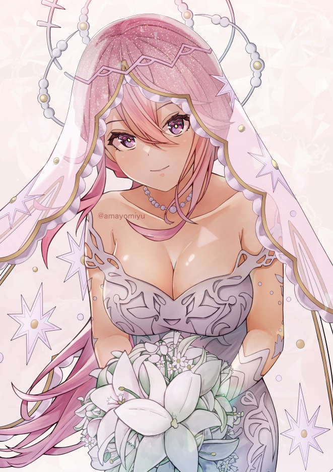amayomiyu, sakuraba seira, heaven burns red, 1girl, bouquet, breasts, bridal veil, bride, cleavage, collarbone, dress, flower, large breasts, long hair, pink hair, red eyes, solo, veil, very long hair, wedding dress