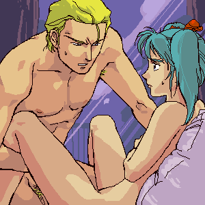nanboku, char aznable, quess paraya, char's counterattack, gundam, lowres, 1boy, 1girl, aqua hair, blonde hair, boy on top, breasts, collarbone, from side, hair ribbon, hetero, imminent penetration, imminent vaginal, lying, nipples, nude, oekaki, on back, pillow, ribbon, small breasts, sweatdrop