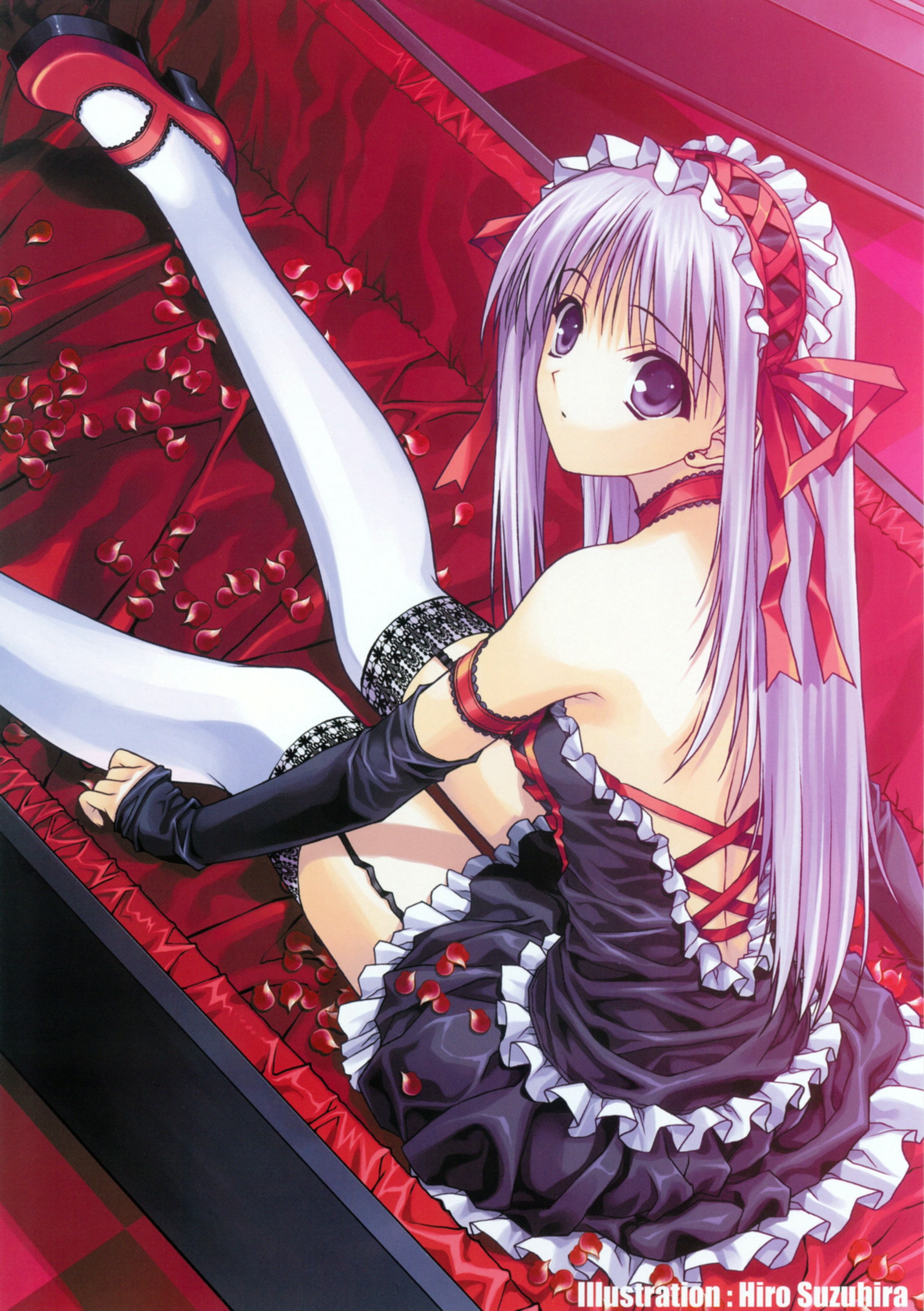 suzuhira hiro, lace-trimmed legwear, absurdres, highres, 1girl, elbow gloves, female focus, garter straps, gloves, goth fashion, gothic lolita, lace, lace trim, lolita fashion, maid, purple eyes, purple hair, skirt, solo, thighhighs