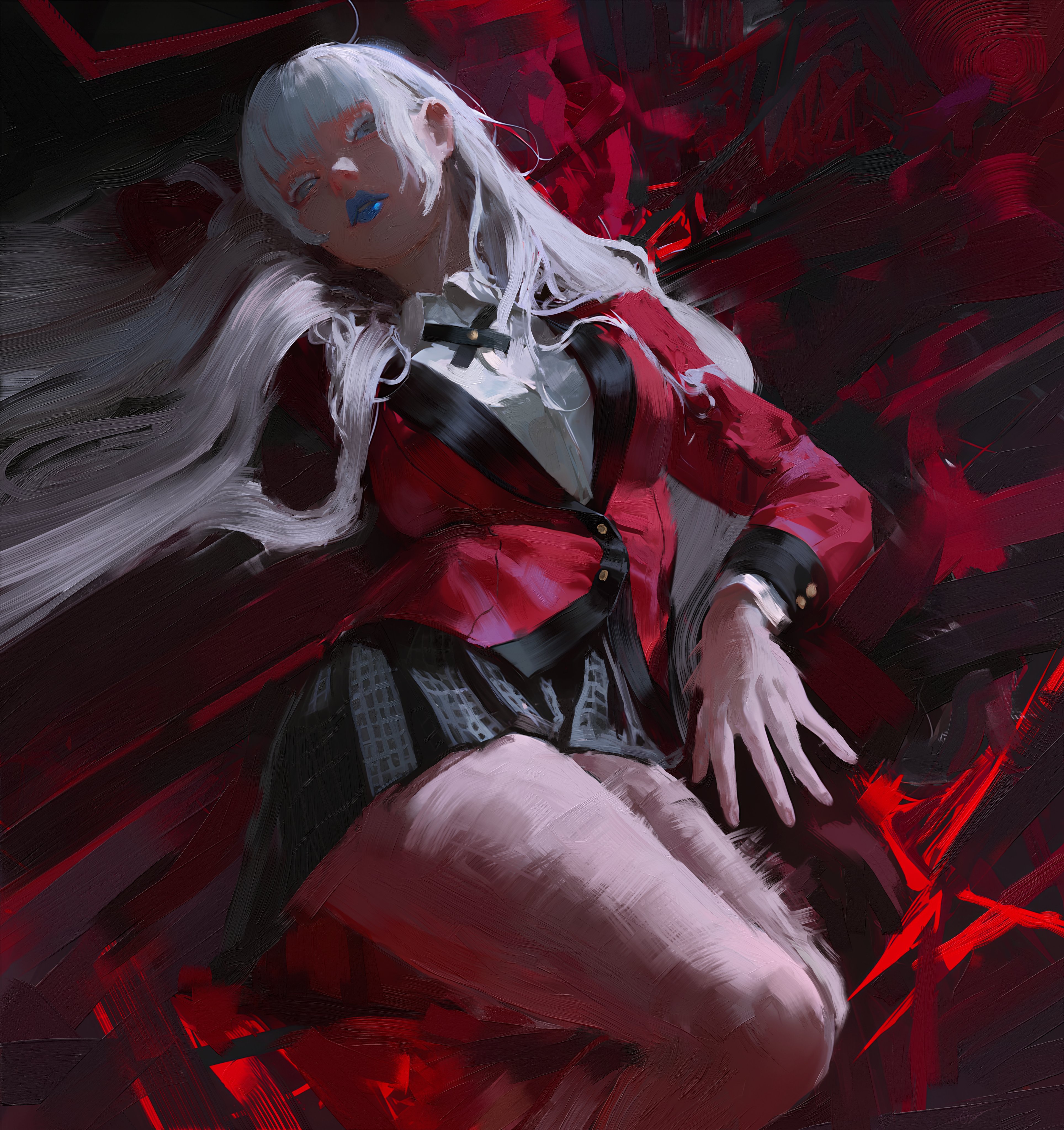 daodtt, momobami kirari, kakegurui, absurdres, highres, aqua lips, aqua nails, black cross tie, black skirt, blue eyes, blue lips, breasts, colored eyelashes, cross tie, formal clothes, hyakkaou academy school uniform, jacket, lipstick, long hair, looking at viewer, lying, makeup, medium breasts, on back, red jacket, red suit, school uniform, shaded face, shadow, shirt, short bangs, skirt, suit, thighs, white hair, white shirt