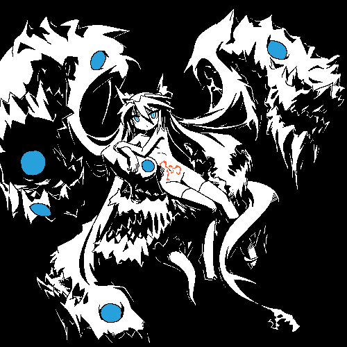 mof, cthulhu, hastur, mof's silver haired twintailed girl, cthulhu mythos, original, lowres, 1girl, blue eyes, bow, female focus, flat chest, hair bow, living hair, long hair, monochrome, nude, simple background, solo, tattoo, thighhighs, twintails, very long hair, yellow sign