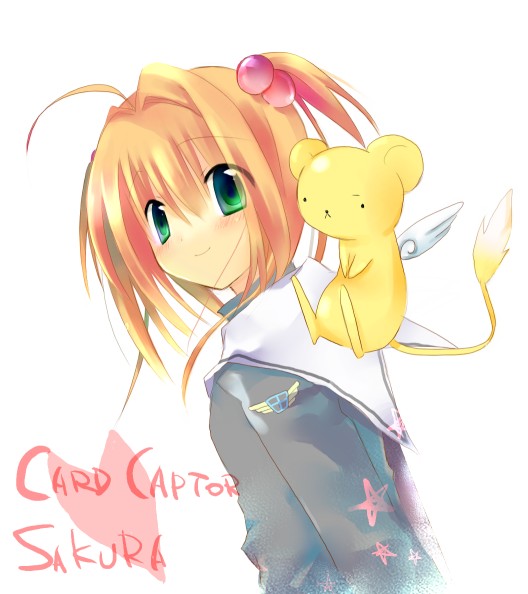 jin rikuri, kero (cardcaptor sakura), kinomoto sakura, cardcaptor sakura, 1990s (style), 1girl, :<, child, creature, fuuin no tsue, green eyes, hair bobbles, hair ornament, looking at viewer, retro artstyle, short hair, smile