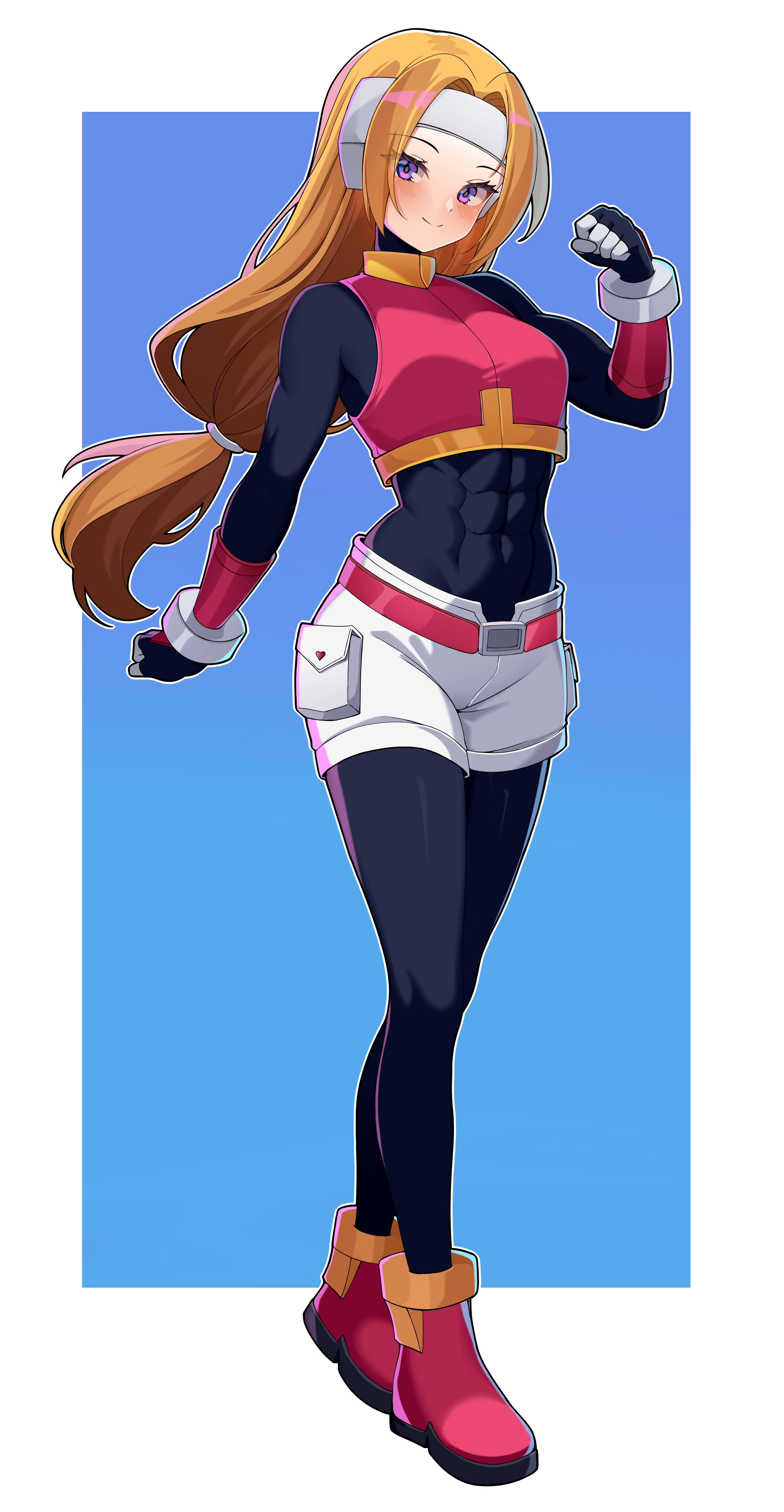wayanfa, mega man (series), mega man zx, original, absurdres, commission, commissioner upload, highres, non-web source, 1girl, abs, belt, belted shorts, blonde hair, blue eyes, bodystocking, boots, breasts, cargo shorts, covered navel, crop top, cynthia (mega man zx zeta), eyelashes, full body, gauntlets, gloves, headband, long hair, mechanical ears, muscular, muscular female, petite, ponytail, shorts, simple background, sleeveless, small breasts, smirk, smug, solo, thighs
