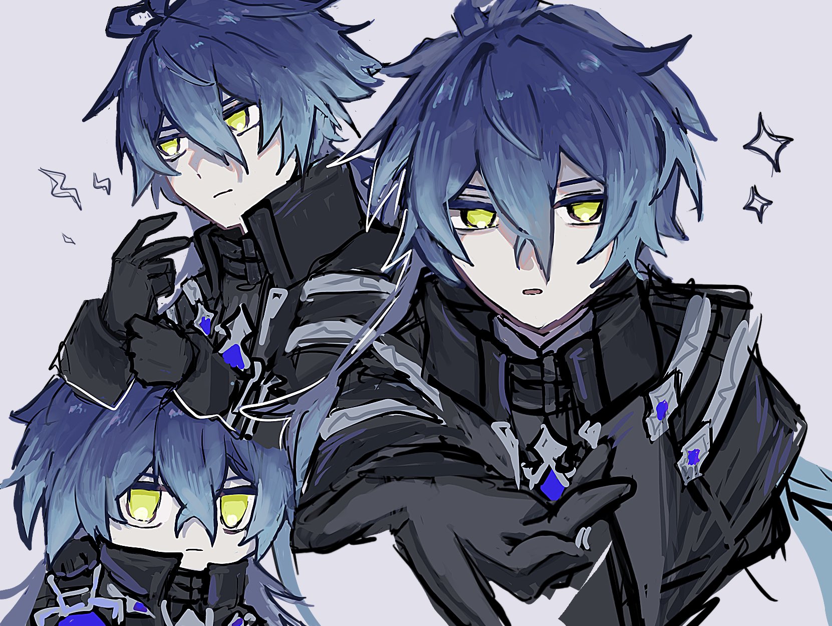 flins (genshin impact), genshin impact, highres, 1boy, black gloves, black jacket, chibi, closed mouth, gloves, grey background, hair between eyes, jacket, jewelry, long hair, looking at viewer, male focus, multiple views, np 42o, simple background, solo, sparkle, upper body, yellow eyes