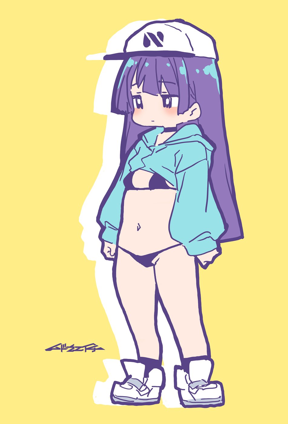 mudou eichi, original, highres, 1girl, bikini, bikini under clothes, black bikini, black eyes, black socks, blue jacket, breasts, bright pupils, hat, hime cut, jacket, long hair, looking to the side, navel, purple hair, shoes, small breasts, sneakers, socks, solo, swimsuit, white hat, white pupils, white shoes, yellow background