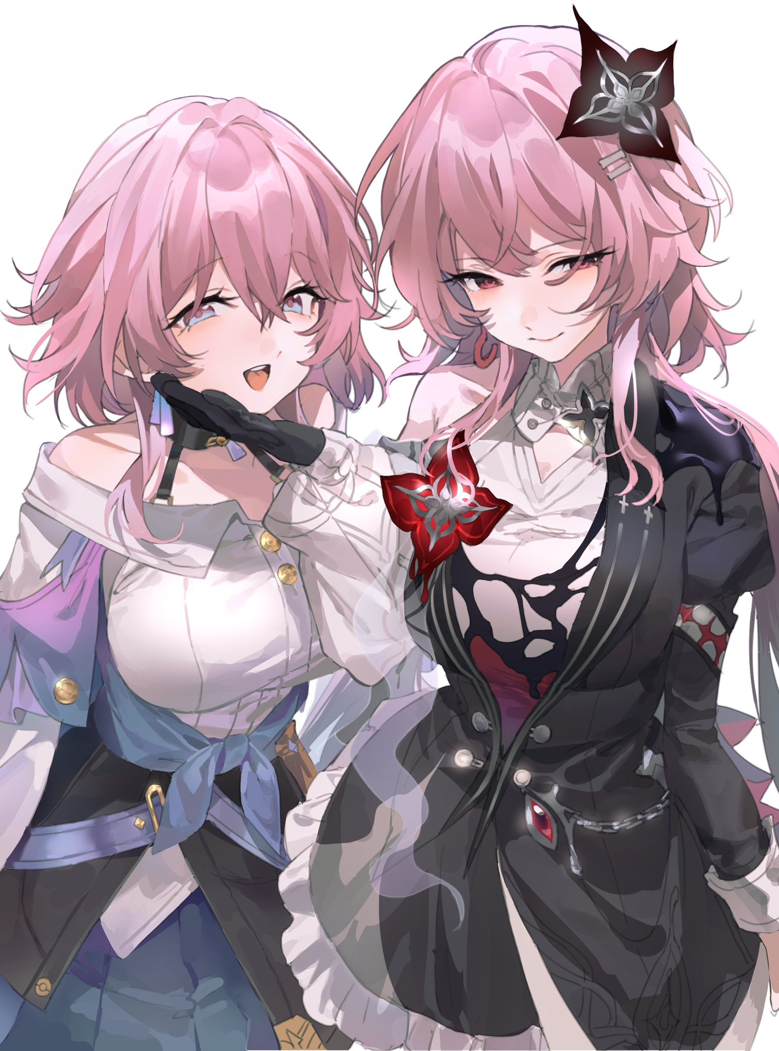 hssfaxee, evernight (honkai: star rail), march 7th (honkai: star rail), march 7th (preservation) (honkai: star rail), honkai: star rail, honkai (series), highres, 2girls, black dress, black gloves, blue skirt, breasts, closed mouth, dress, dual persona, flower, gloves, hair flower, hair ornament, large breasts, long hair, medium hair, multicolored eyes, multiple girls, open mouth, pink hair, red eyes, shirt, simple background, skirt, smile, two-tone eyes, very long hair, white background, white shirt