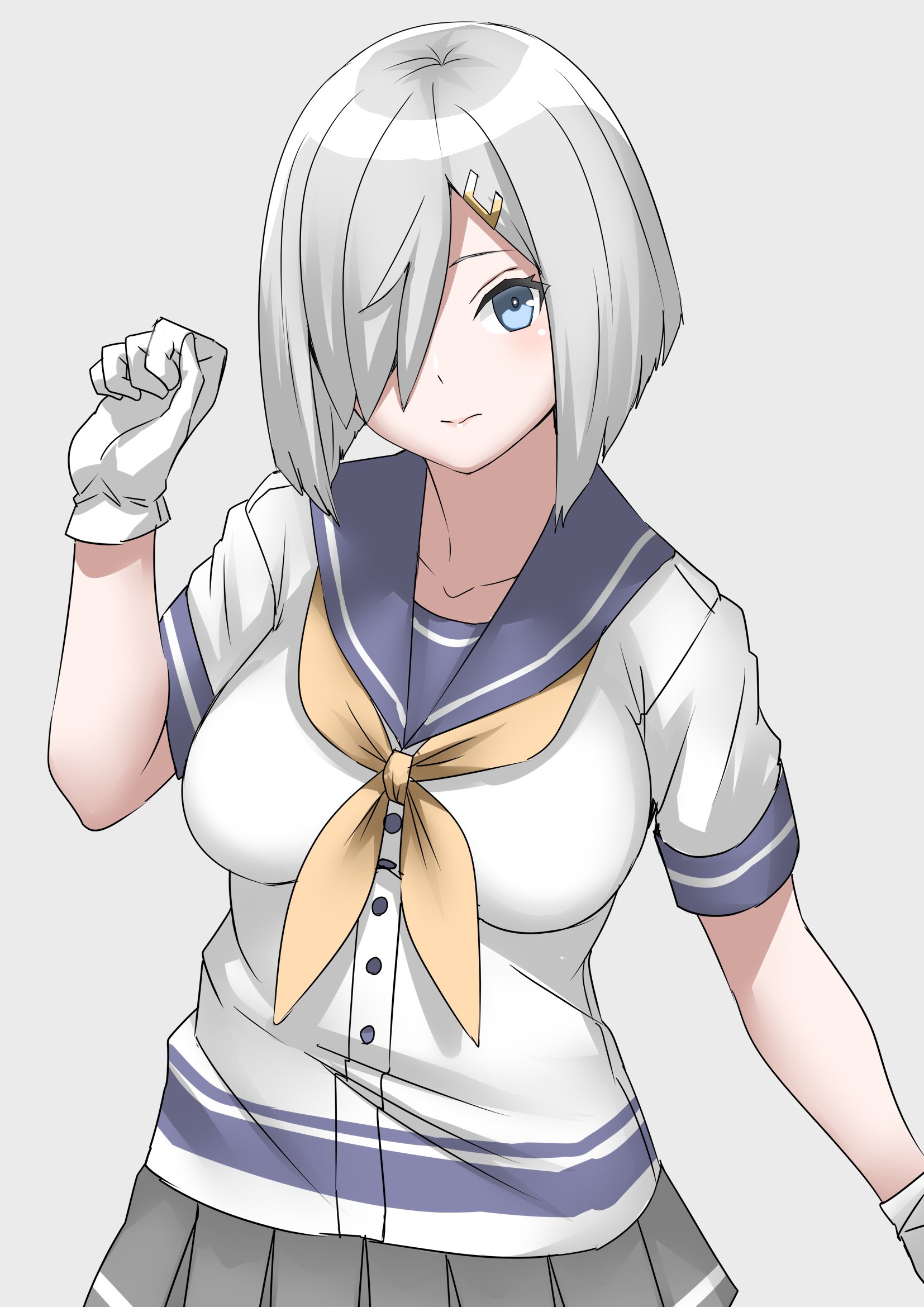 30-06, hamakaze (kancolle), kantai collection, highres, 1girl, black pantyhose, blue eyes, breasts, cowboy shot, gloves, grey background, grey hair, grey sailor collar, grey skirt, hair ornament, hair over one eye, hairclip, large breasts, looking at viewer, neckerchief, pantyhose, pleated skirt, sailor collar, sailor shirt, school uniform, serafuku, shirt, short hair, short sleeves, simple background, skirt, solo, standing, white gloves, white shirt, yellow neckerchief