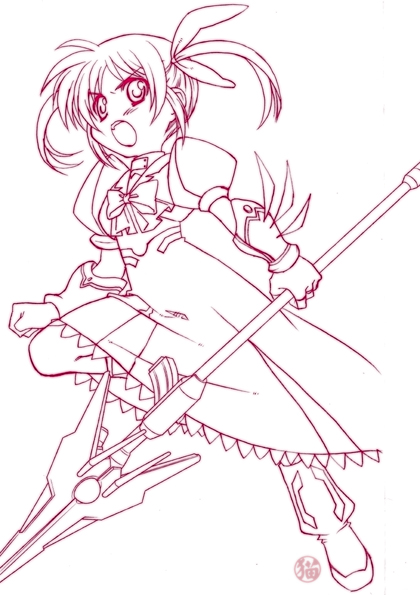 karamiti, raising heart, takamachi nanoha, lyrical nanoha, mahou shoujo lyrical nanoha, mahou shoujo lyrical nanoha a's, 00s, 1girl, bow, clenched hand, female focus, fingerless gloves, gloves, magazine (weapon), magical girl, monochrome, purple theme, solo, twintails