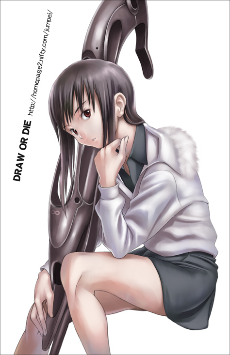 jumpei, 1girl, black hair, female focus, gun, jacket, long hair, simple background, sitting, solo, weapon