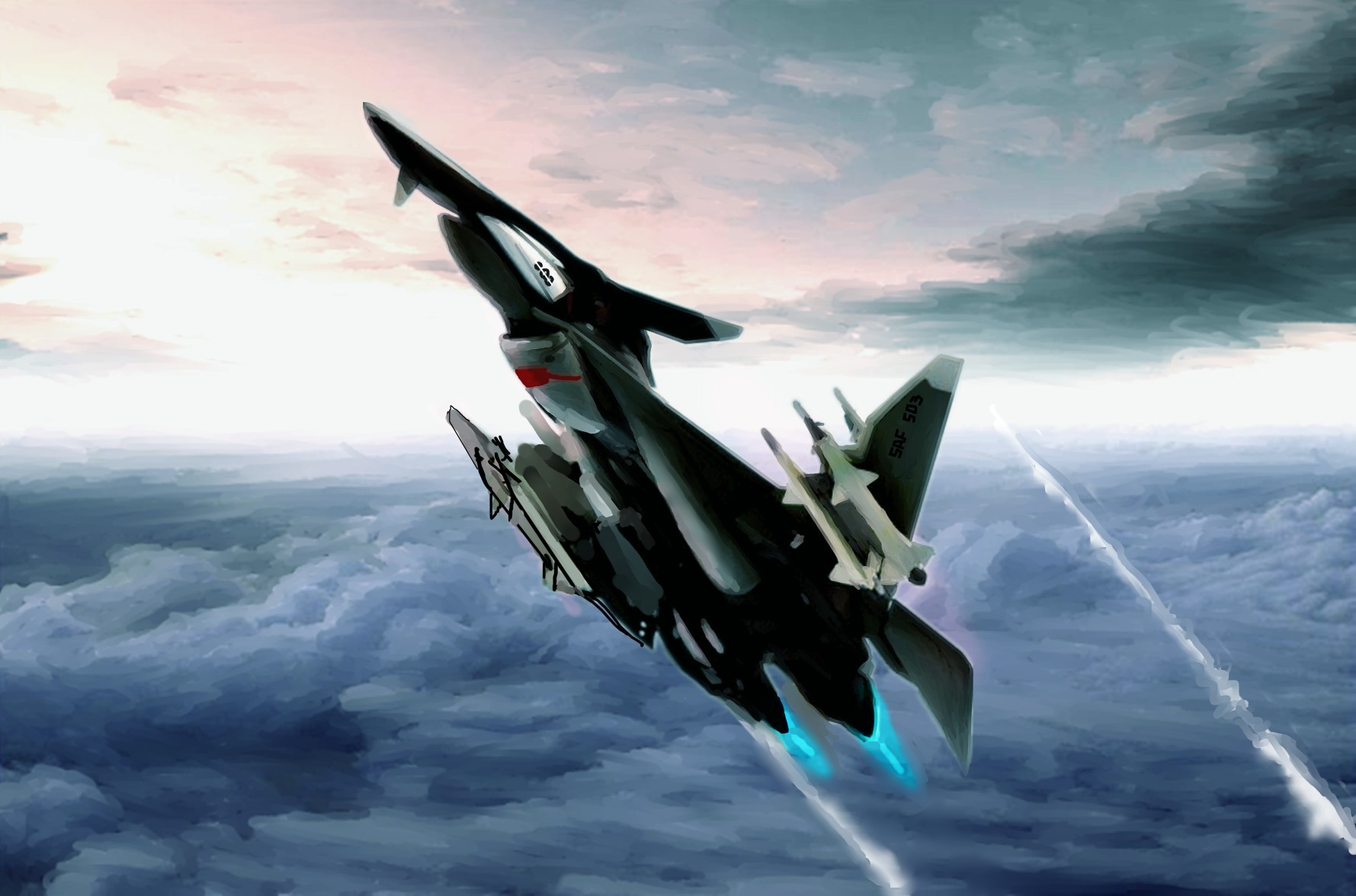yukikaze supersylph, sentou yousei yukikaze, highres, aircraft, airplane, cloud, contrail, fighter jet, flying, military, military vehicle, missile, no humans, pilot, realistic, science fiction, sky, variable fighter, vehicle focus