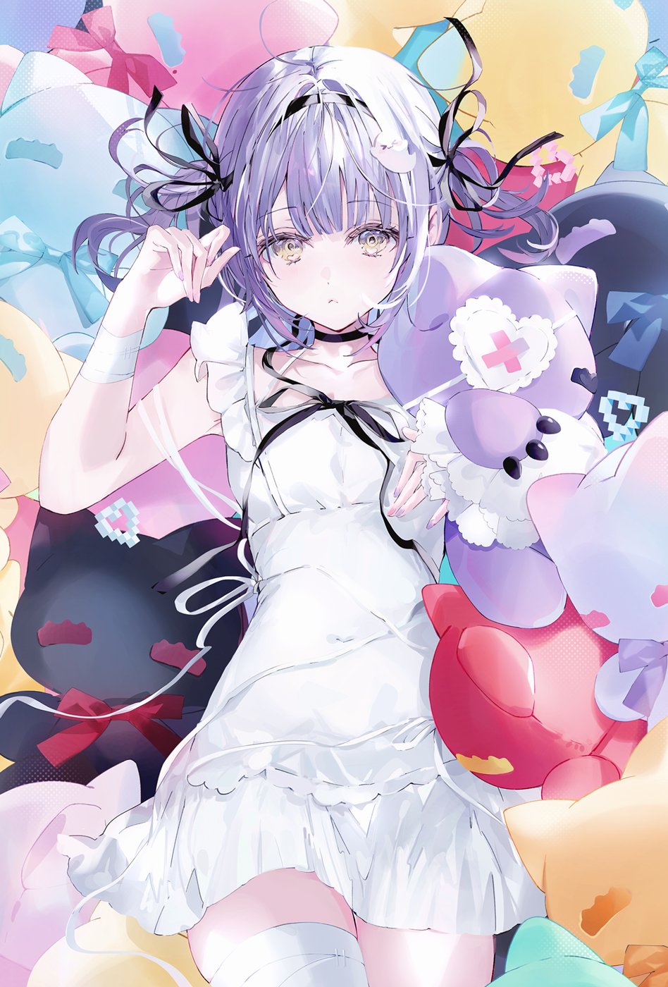 shia job, shinomiya runa, vspo!, highres, 1girl, bandaged arm, bandaged leg, bandaged wrist, bandages, black choker, black hairband, black ribbon, choker, dress, hair ornament, hair ribbon, hairband, holding, holding stuffed toy, looking at viewer, lying, on back, purple hair, ribbon, short hair, solo, stuffed animal, stuffed cat, stuffed toy, twintails, two side up, white dress, yellow eyes
