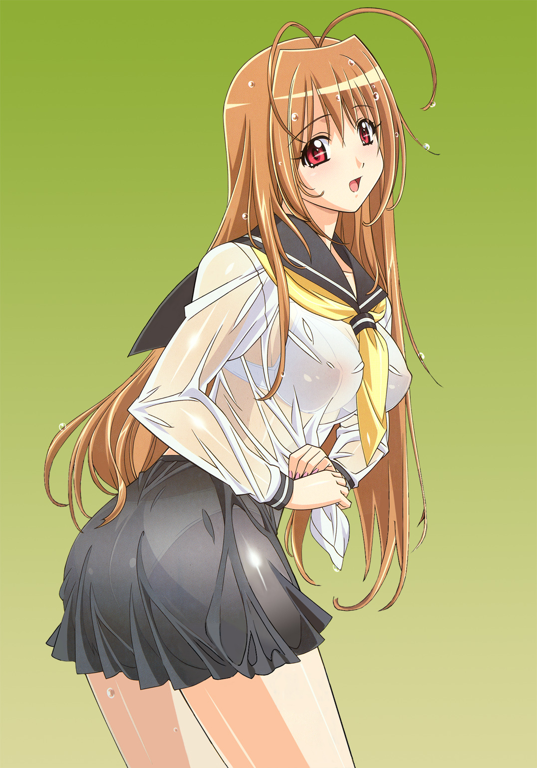 kuroda kazuya, original, highres, non-web source, scan, 1girl, :d, antenna hair, ass, between breasts, blush, bra, breasts, brown hair, female focus, from behind, large breasts, lingerie, long hair, looking back, nail polish, open mouth, panties, pink nails, red eyes, school uniform, see-through clothes, serafuku, shirt, simple background, skirt, smile, solo, standing, twisted torso, underwear, very long hair, wet, wet clothes, wet hair, wet shirt, white bra, white panties, wringing clothes