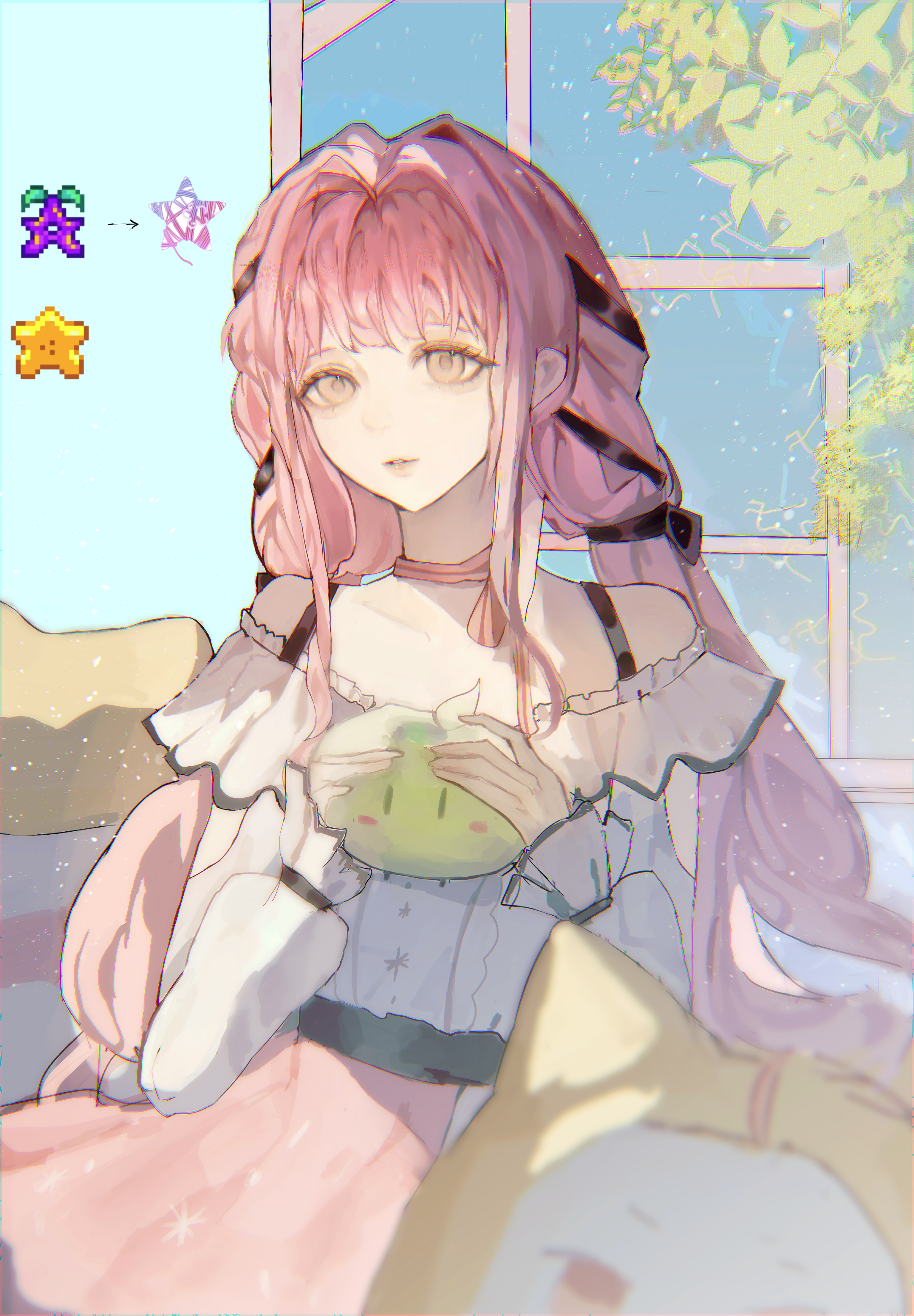 momo (nikki), nikki (nikki), perfect start (infinity nikki), whimstar (infinity nikki), infinity nikki, nikki (series), stardew valley, absurdres, highres, 1girl, ahoge, animal, apple, arm cutout, artist name, bare shoulders, bed, belt, black belt, black bow, black ribbon, blue sky, bow, bow choker, bowtie, bra strap, brown eyes, buttons, cat, center frills, choker, clothed animal, clothing cutout, collarbone, constellation, creature, crossover, ear covers, expressionless, eyelashes, food, food-themed creature, frilled shirt, frilled sleeves, frills, fruit, green apple, hair bow, hair ribbon, hanging plant, high-waist skirt, holding, holding creature, hood, hood up, indoors, layered skirt, light particles, lips, liyue573, long hair, long sleeves, looking ahead, night, night sky, off-shoulder shirt, off shoulder, pink bow, pink bowtie, pink choker, pink hair, pink skirt, pleated skirt, puffy long sleeves, puffy sleeves, ribbon, shirt, sidelocks, single stripe, skirt, sky, sleeves past wrists, snowflake print, snowflakes, solo focus, star-shaped pillow, star (sky), starry sky, striped bow, striped bowtie, striped choker, striped clothes, teeth, tress ribbon, very long hair, white cat, white shirt, window, yellow hood