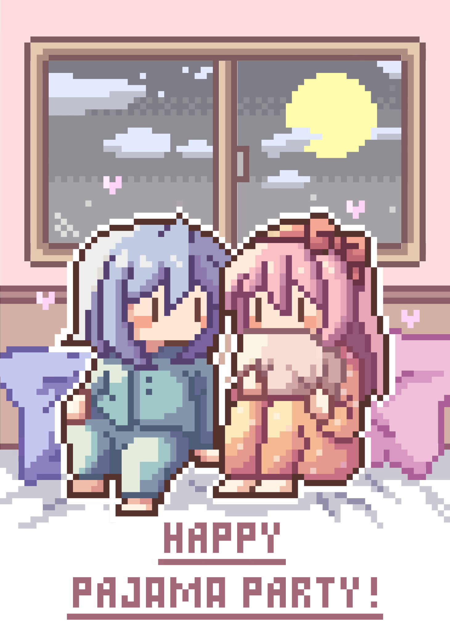 nabehuki, kaname madoka, miki sayaka, mahou shoujo madoka magica, mahou shoujo madoka magica (anime), highres, 2girls, alternate costume, alternate hairstyle, barefoot, bed, bedroom, blue hair, blue pajamas, blush, bob cut, bow, bow hairband, cloud, covered mouth, covering own mouth, english text, eye contact, face in pillow, full body, full moon, hair between eyes, hairband, hand on bed, hand on own hip, headboard, heart, holding, holding pillow, hugging object, knees up, long hair, looking at another, moon, multiple girls, night, night sky, no mouth, no nose, on bed, orange pajamas, pajamas, pillow, pillow hug, pink hair, pixel art, pixel heart, pixel text, pixelated, polka dot, polka dot pajamas, red bow, red hairband, sitting, sky, sleepover, sleepwear, window, yuri