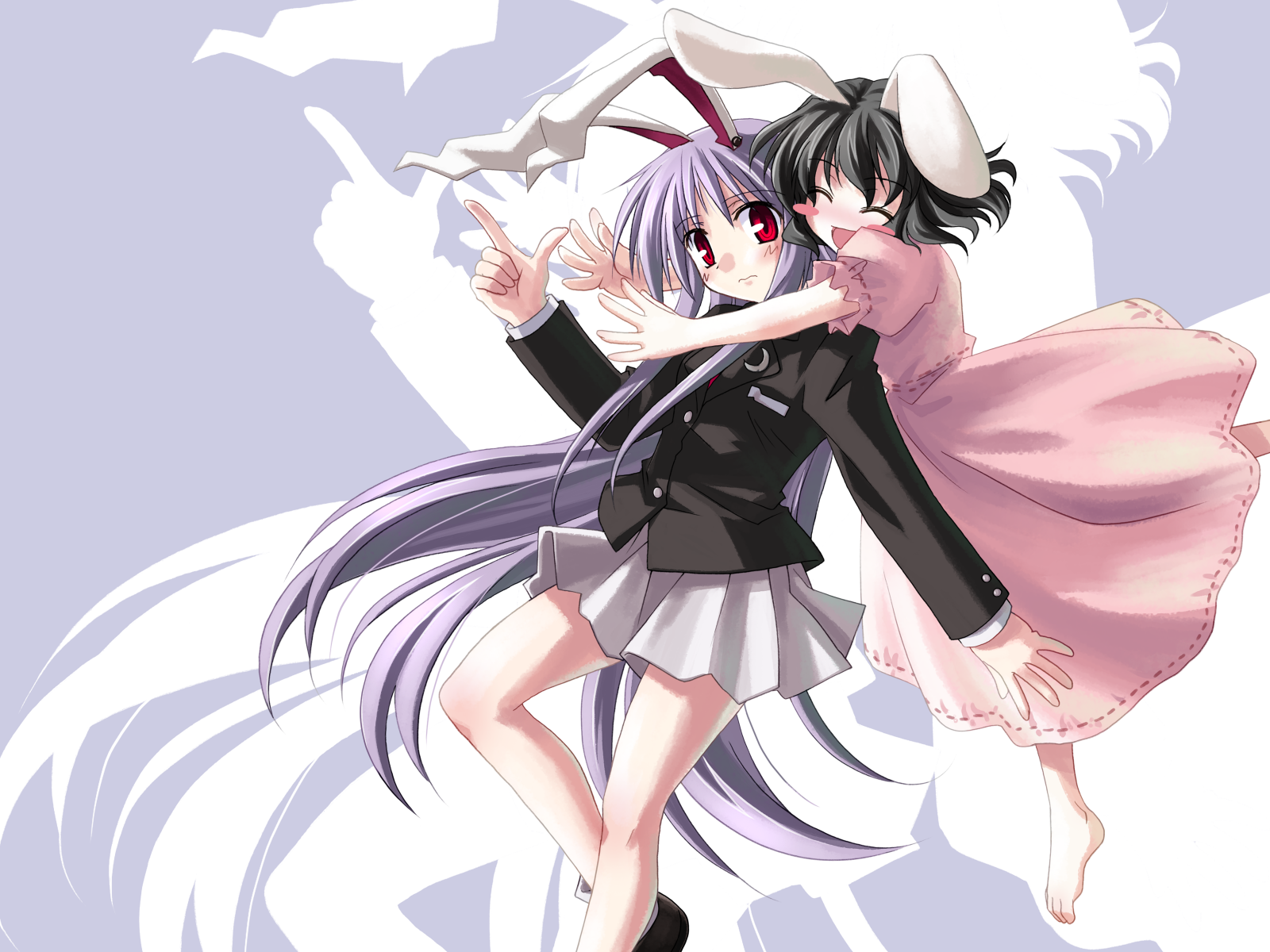 yuuki tatsuya, inaba tewi, reisen udongein inaba, touhou, highres, 2girls, animal ears, female focus, hug, multiple girls, rabbit ears, standing