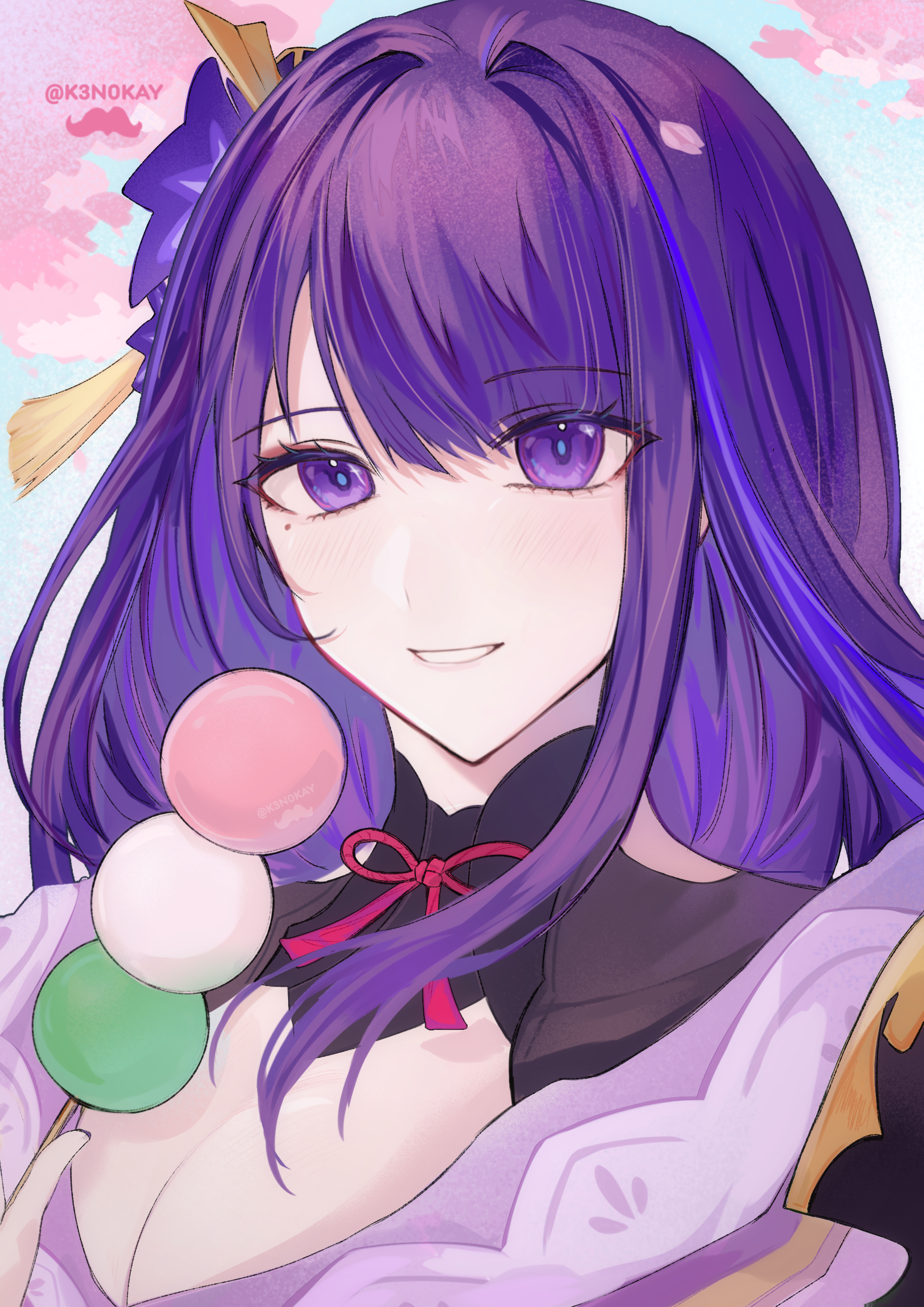k3n0kay, raiden shogun, genshin impact, absurdres, commentary, highres, symbol-only commentary, 1girl, armor, blue pupils, blue sky, blunt bangs, breasts, cherry blossoms, cleavage, clothing cutout, cloud, cloudy sky, dango, falling petals, fan hair ornament, flower, flower ornament, food, hair intakes, hair ornament, hand up, holding, holding food, japanese clothes, kimono, large breasts, long hair, looking at viewer, mole, mole under eye, multicolored eyes, multicolored hair, neck ribbon, off shoulder, outdoors, parted lips, petals, purple eyes, purple flower, purple kimono, red ribbon, ribbon, shade, shoulder armor, shoulder cutout, sky, solo, streaked hair, teeth, upper body, wagashi