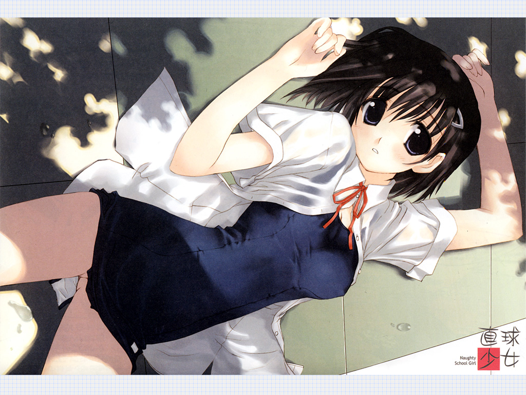 mitsumi misato, 1girl, black hair, blue eyes, bottomless, female focus, lying, no pants, one-piece swimsuit, open clothes, open shirt, school swimsuit, school uniform, serafuku, shirt, short hair, solo, swimsuit, swimsuit under clothes, torn clothes, torn swimsuit