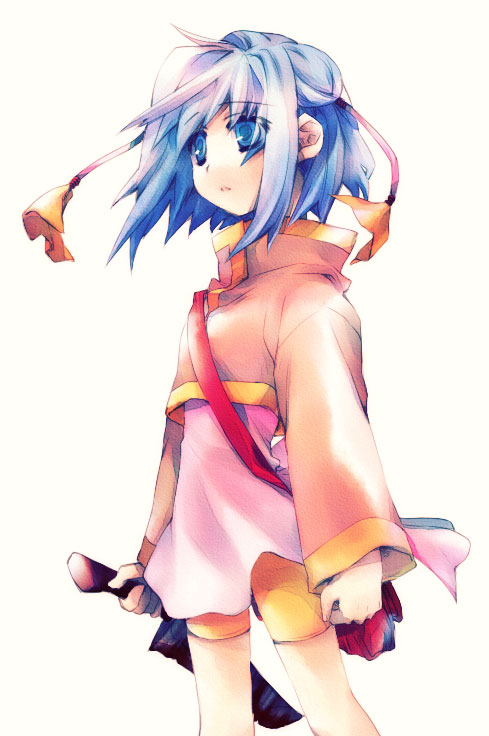 satomi yoshitaka, original, 1girl, blue eyes, blue hair, blush, female focus, holding, holding sword, holding weapon, japanese clothes, kimono, long sleeves, matching hair/eyes, sash, short hair, simple background, solo, standing, sword, thighhighs, weapon, white background, white thighhighs, zettai ryouiki
