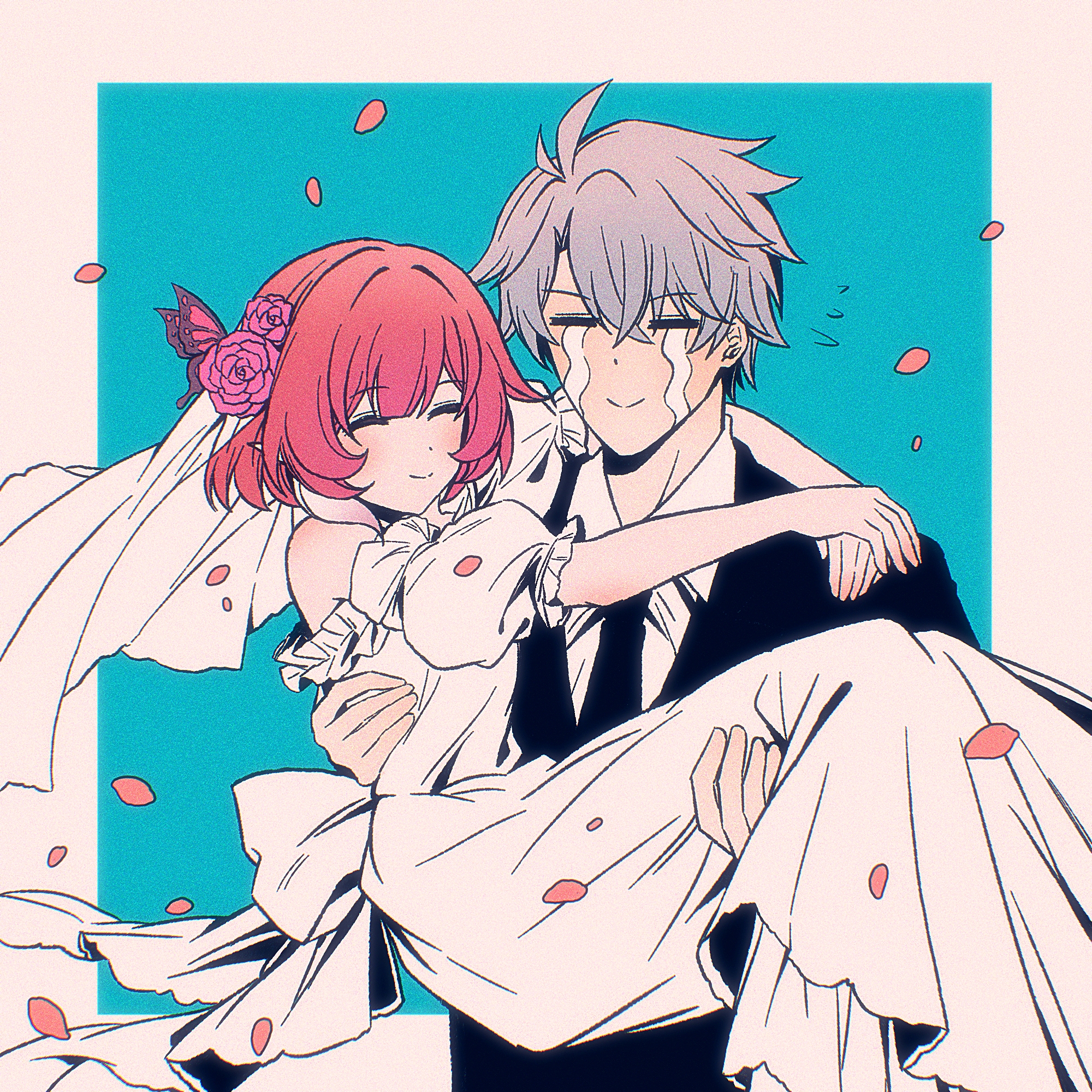 cyrene (honkai: star rail), phainon (honkai: star rail), honkai: star rail, honkai (series), chinese commentary, commentary request, highres, 1boy, 1girl, ahoge, black necktie, black vest, blue background, border, bridal veil, carrying, couple, crying, dress, falling petals, formal clothes, happy tears, hetero, multicolored hair, necktie, petals, pink hair, princess carry, shirt, short hair, smile, star (zhongyan88528), streaming tears, suit, tears, two-tone hair, veil, vest, wedding, wedding dress, white border, white dress, white hair, white shirt