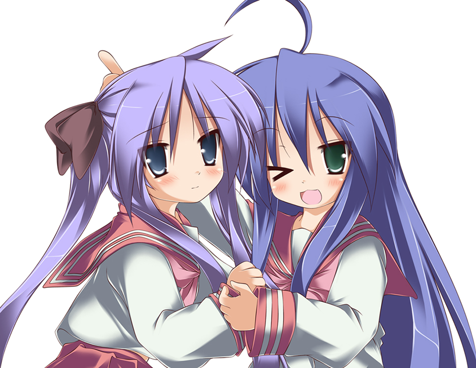 shin'ya natsuki, hiiragi kagami, izumi konata, lucky star, > o, 00s, 2girls, ahoge, blue eyes, blush, green eyes, holding hands, long hair, long sleeves, looking at viewer, multiple girls, one eye closed, pink hair, purple hair, sailor collar, school uniform, serafuku, simple background, very long hair, white background, wink