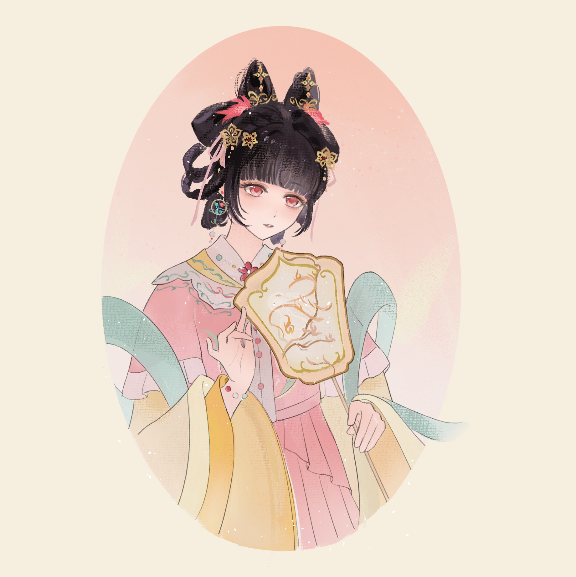 baikaishui zhizaochang, infinity nikki, nikki (series), commission, highres, 1girl, bead bracelet, beads, black hair, blunt bangs, bow-shaped hair, bracelet, brown eyes, buttons, chinese clothes, cowboy shot, dot nose, double bun, eyelashes, feather hair ornament, feathers, frilled sleeves, frills, gossamer moonfairy (infinity nikki), hagoromo, hair bun, hair ornament, hair ribbon, hair rings, hand fan, hanfu, high-waist skirt, holding, holding fan, jewelry, layered sleeves, light particles, long sleeves, looking at viewer, oval, parted lips, pink background, pink hanfu, pink ribbon, pink skirt, pleated skirt, ribbon, shawl, short hair, short over long sleeves, short sleeves, skirt, solo, standing, tuanshan, two-tone background, yellow background, yellow sleeves