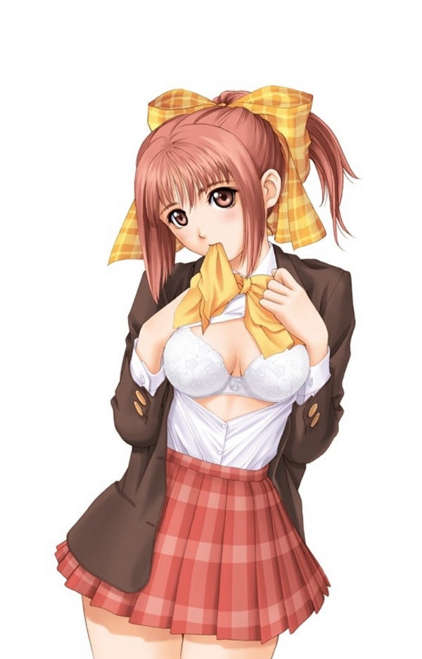 tony taka, sangami erika, partner ~sekai de ichiban taisetsu na hito~, bow, bra, brown eyes, brown hair, lingerie, open clothes, open shirt, pink eyes, pink hair, ponytail, school uniform, serafuku, shirt, solo, underwear