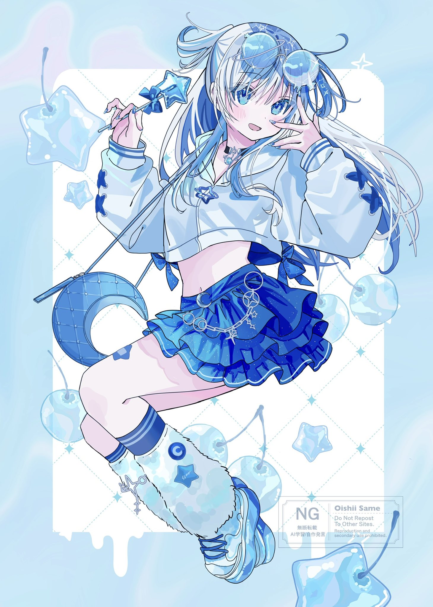 sutera sea, original, highres, 1girl, blue-tinted eyewear, blue border, blue eyes, blue hair, blue nails, blue skirt, blue theme, border, cropped hoodie, eyewear on head, food, fruit, full body, holding, holding wand, hood, hoodie, layered skirt, leg warmers, long hair, long sleeves, looking at viewer, midriff, multicolored hair, nail polish, navel, open mouth, round eyewear, shoes, skirt, smile, sneakers, socks, solo, star (symbol), sunglasses, tinted eyewear, wand, white hair, white hoodie, white shoes